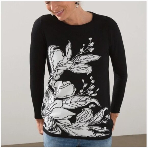 Chico's Black and White Floral Crewneck Pullover Tunic Sweater Size 1 US Size M - Picture 1 of 8